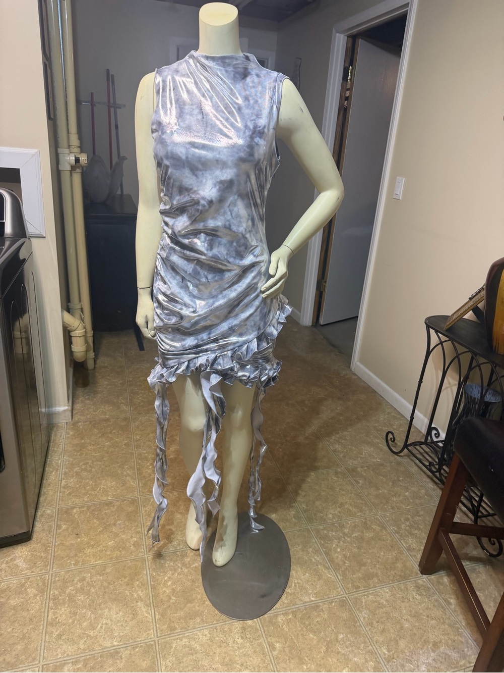 AKIRA Metallic Silver Tie-Dye Ruffle Hem Mini Dress